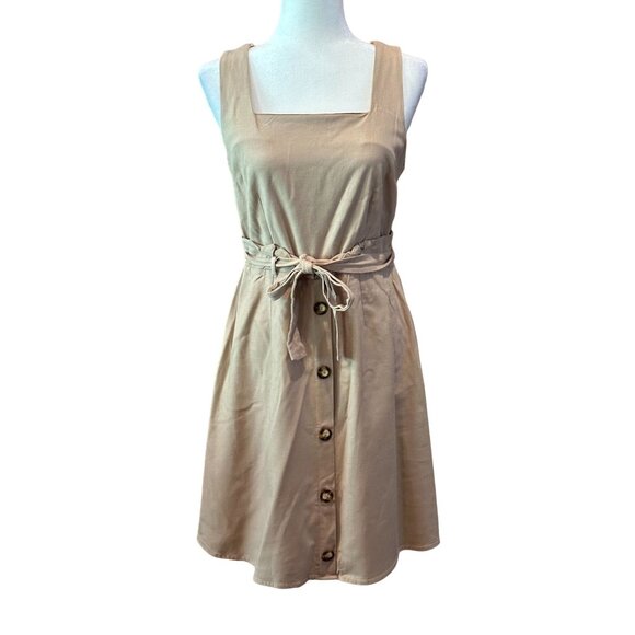 Monteau Beige Sleeveless Button-Down Belted Dress L - Picture 8 of 8